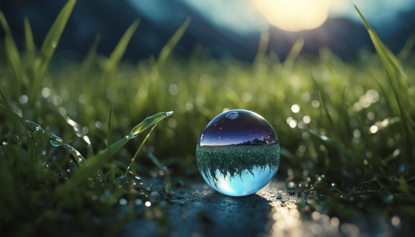 Macro Dewdrop Reflecting Alien Universe, Hyperrealistic