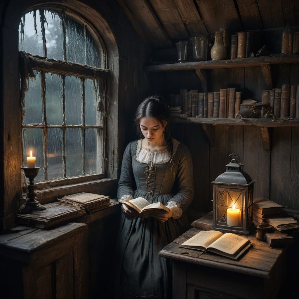 Regency Woman Reads in Dusty Attic by Candlelight