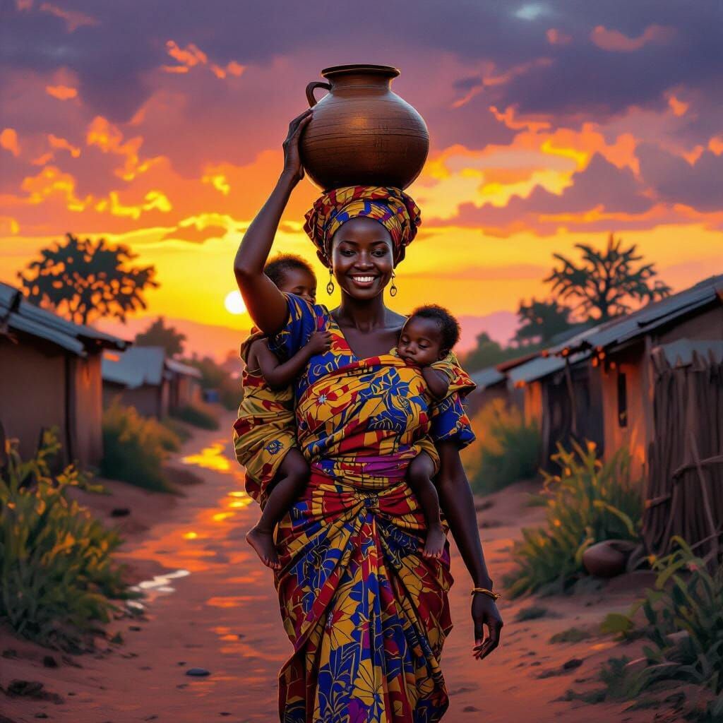 African Woman Walking Home at Sunset in Oil Painting Style