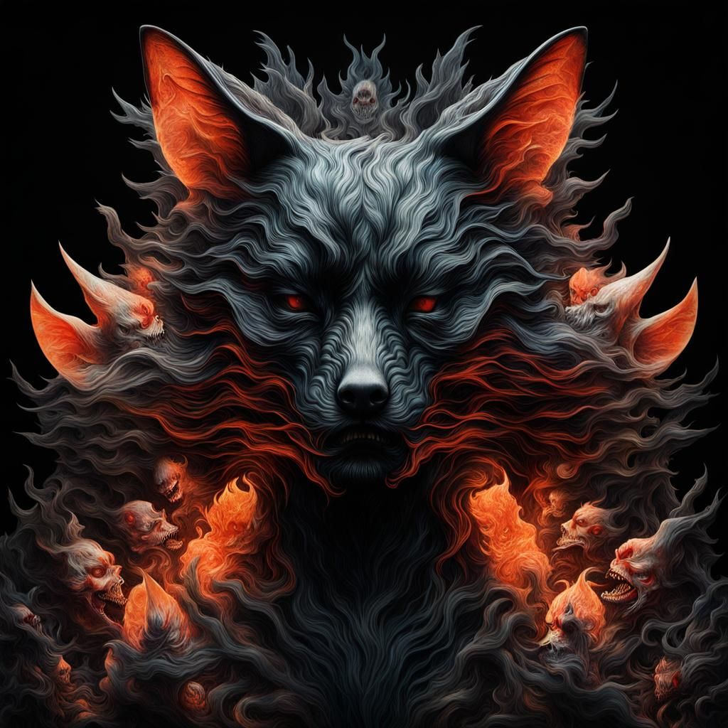 Double Exposure Zombie Kitsune Silhouette Art