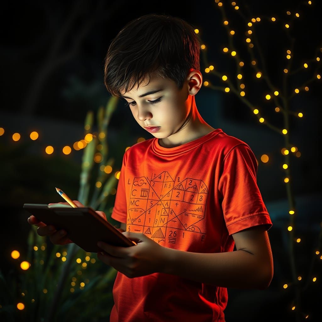 Boy Mathematician in Fairy Light Garden, Digital Art