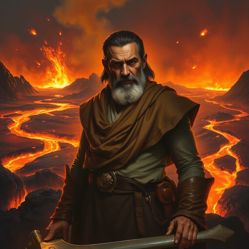 Stoic Italian Man in Volcanic Landscape