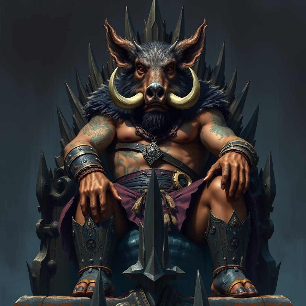 Boar-Man Chieftain on Iron Throne as High-Fantasy Art