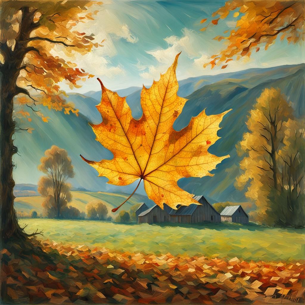 Autumn Leaf Over Countryside: Atmospheric Impressionism