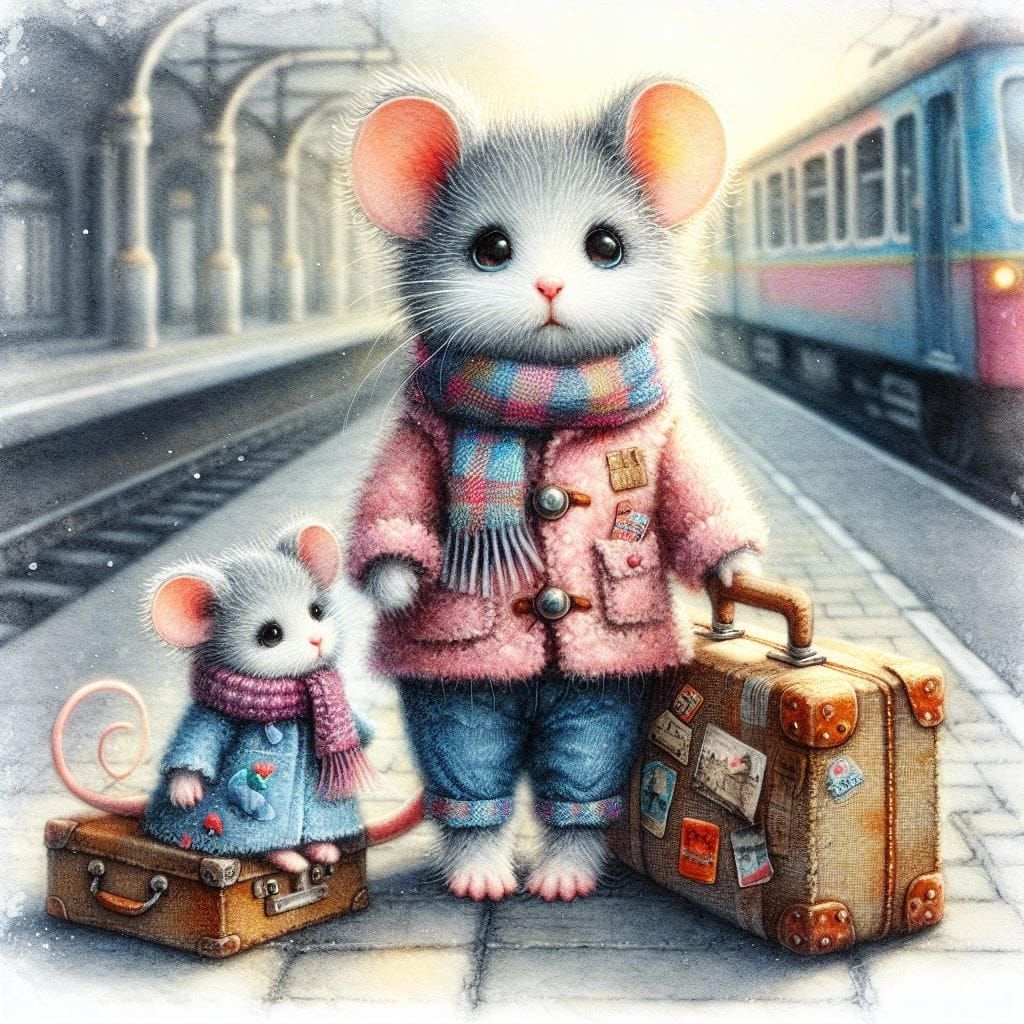 Adorable Mouse with Suitcase in Watercolor Felting Style