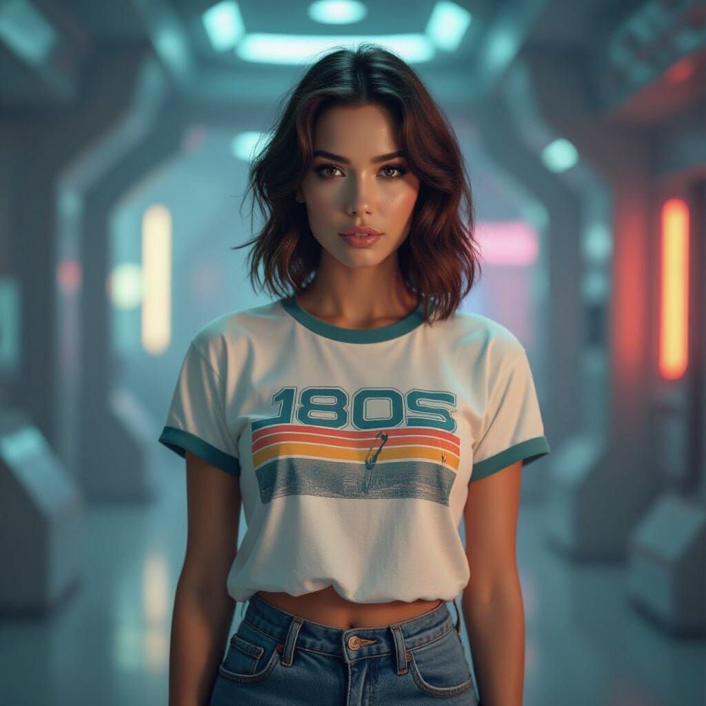 Woman in 80s Shirt: Airbrush Art Portrait