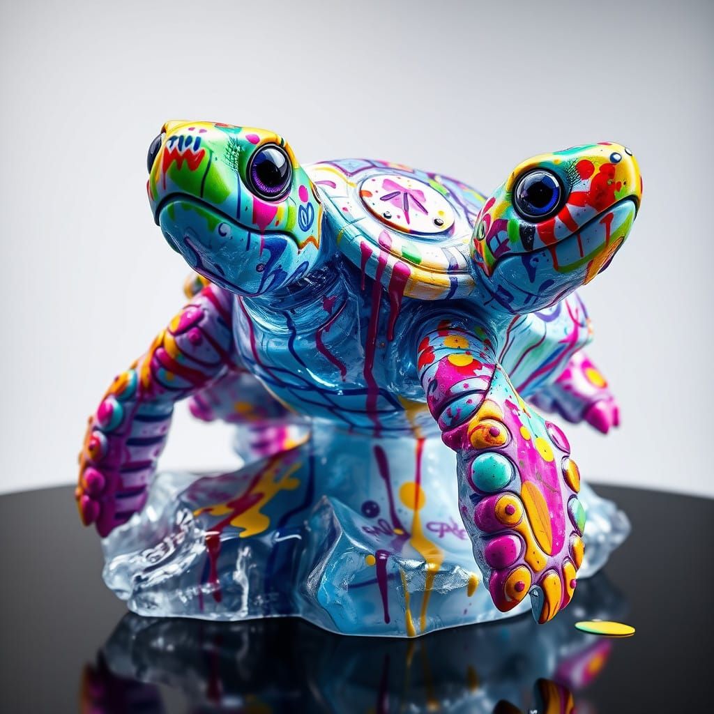 Surreal Ice Sculpture of Gemini Turtle in Vibrant Graffiti S...