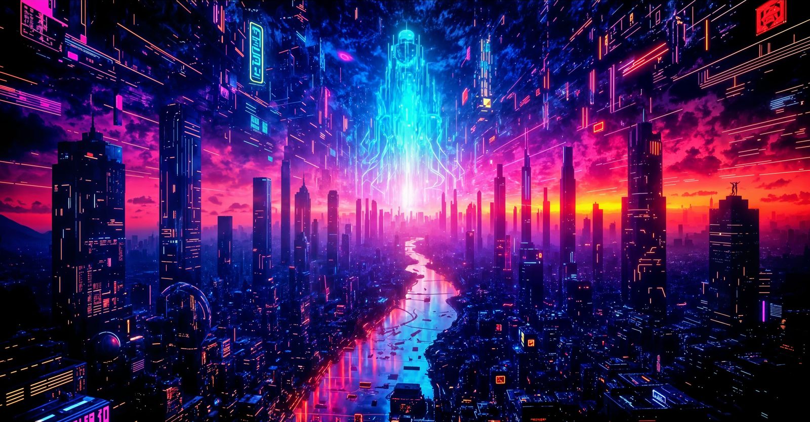 Neon Glitchcore Fractal Cityscape in Cyberpunk Style