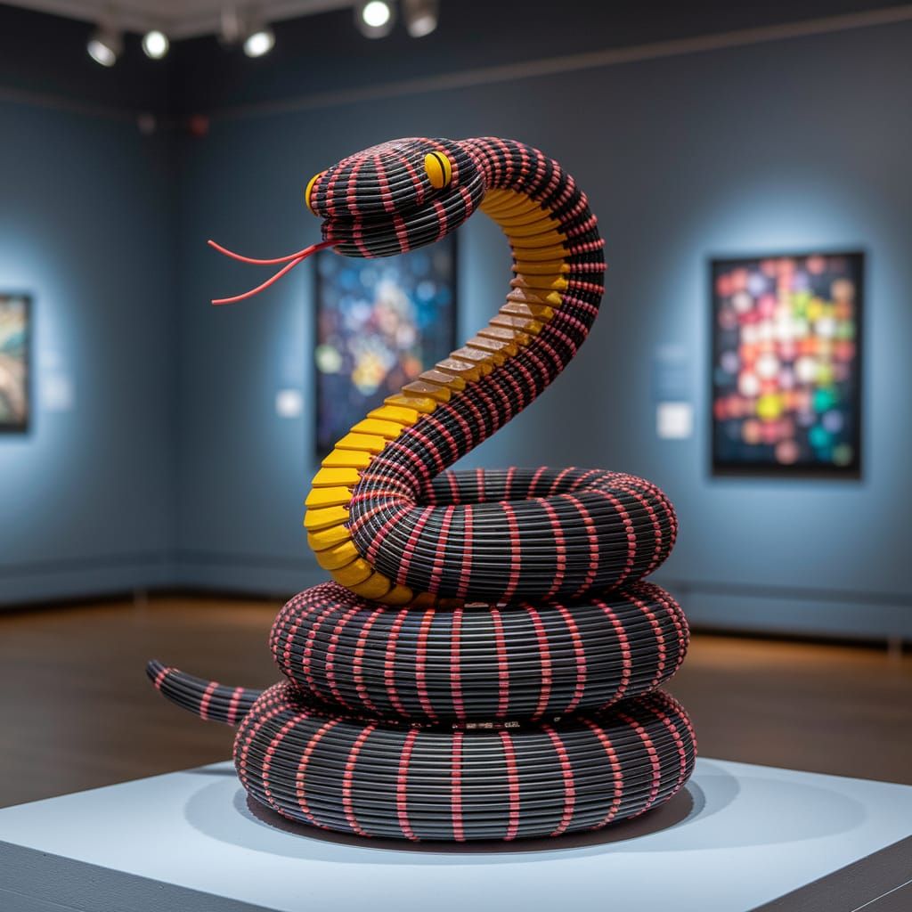 Coiled Wire Snake Sculpture in Gallery Setting