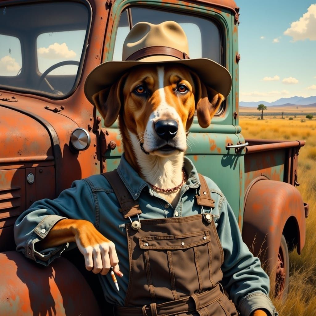 Jack Russell Dog Leans on Truck with Cigarette