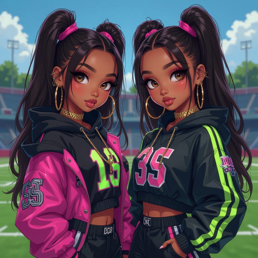 Blasian Girls in Neon Hip-Hop Outfits on Football Field