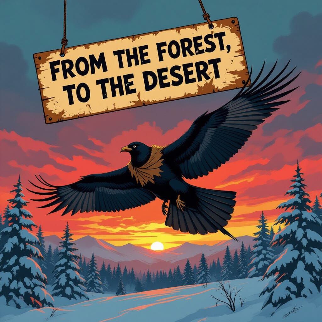 Raven Messenger Soaring Above Snowy Forest at Sunset