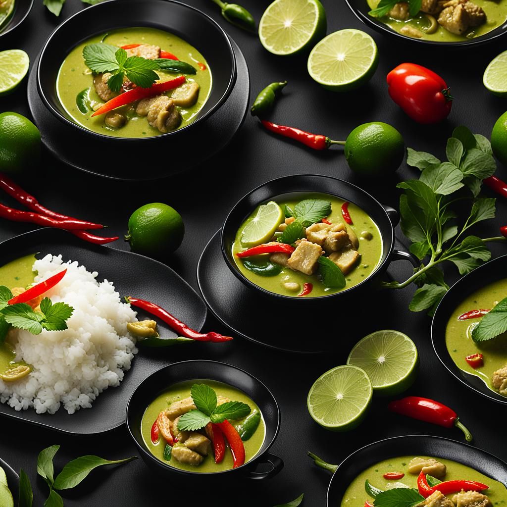 Vivid Thai Green Curry in Hyperrealistic Style