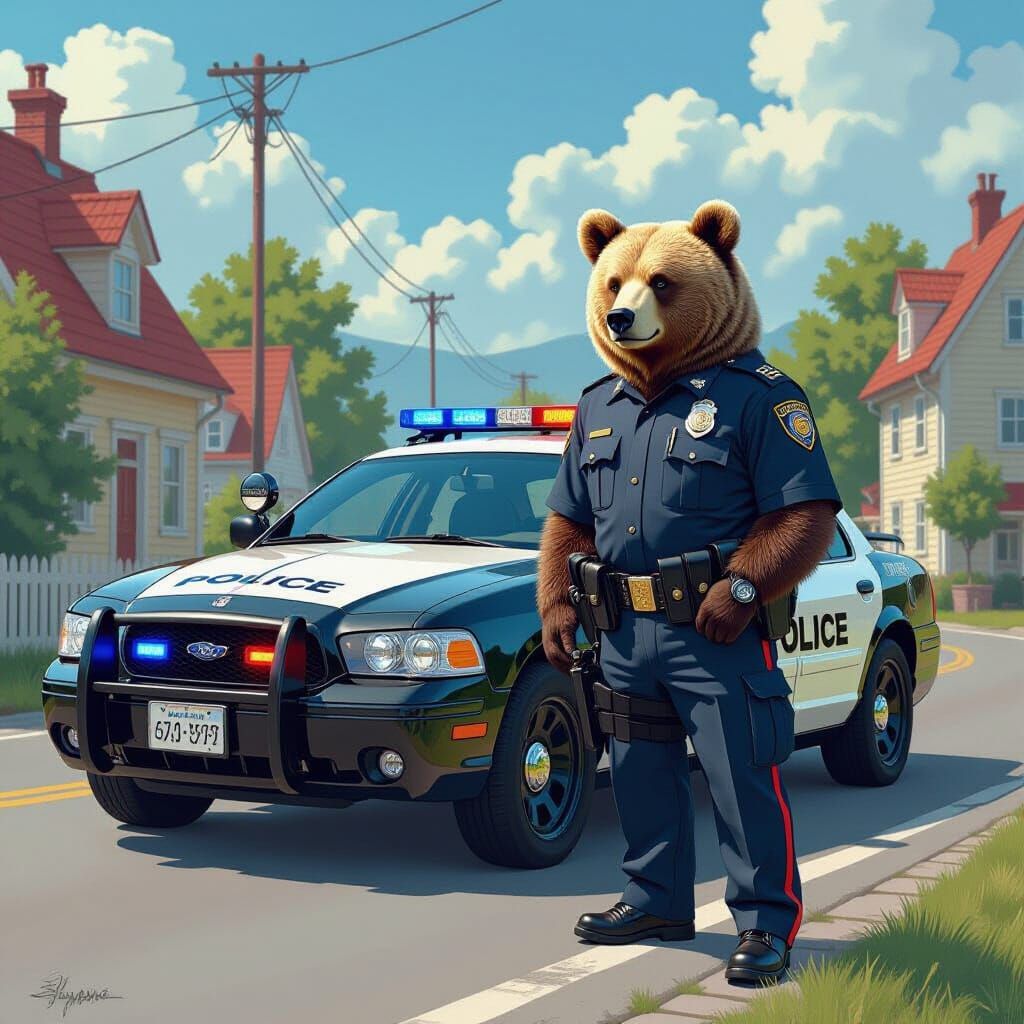 Bear in Police Uniform on Village Road