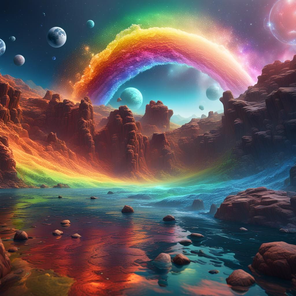 Rainbow Water in Space: Detailed Matte Painting