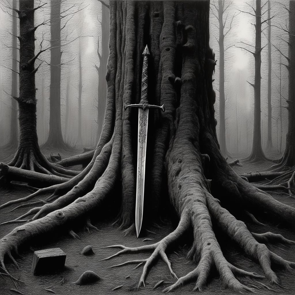 Battle-Scarred Sword Lies Across Ancient Tree Stump in Dappl...