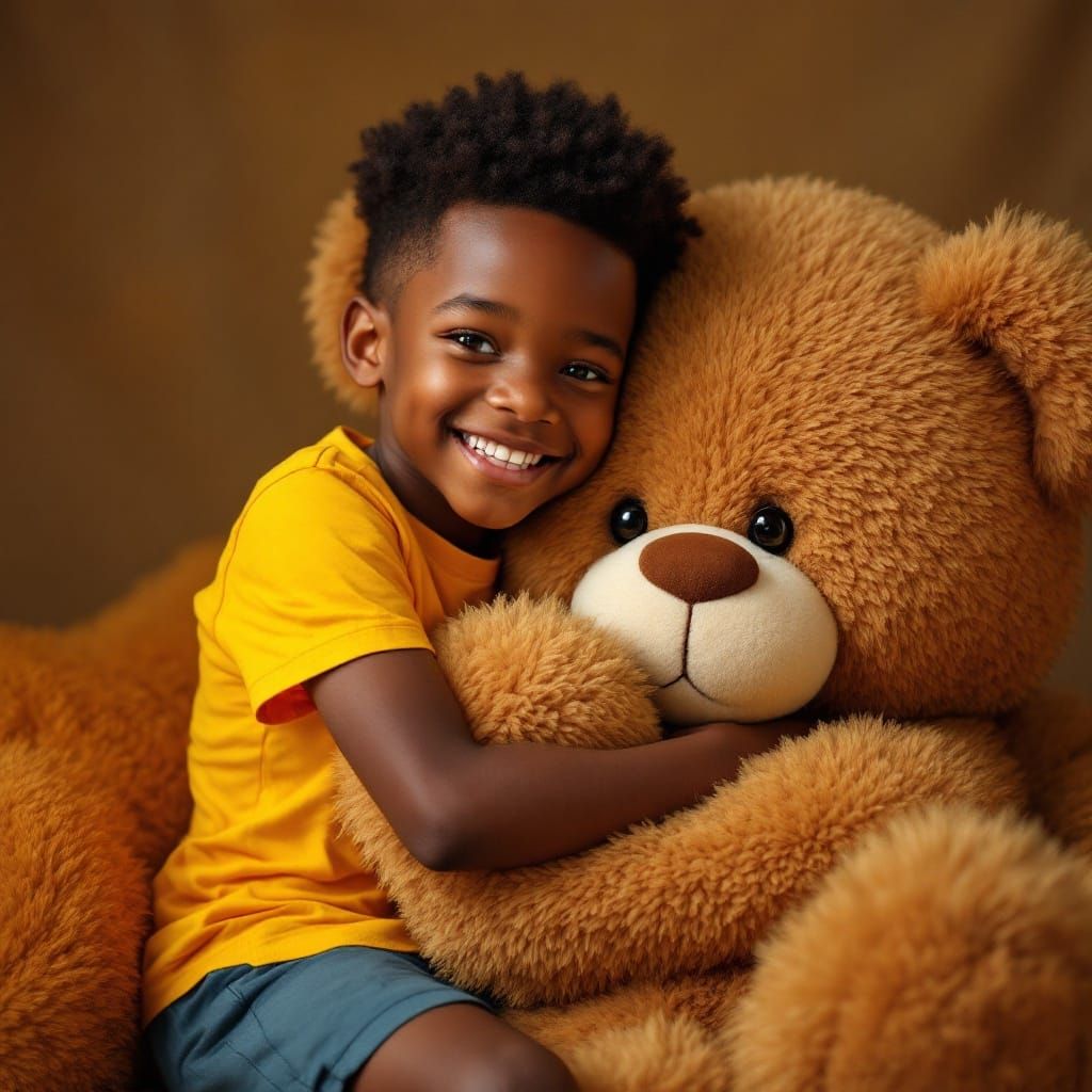 Cute Boy Hugs Giant Teddy Bear in Hyperrealistic Style
