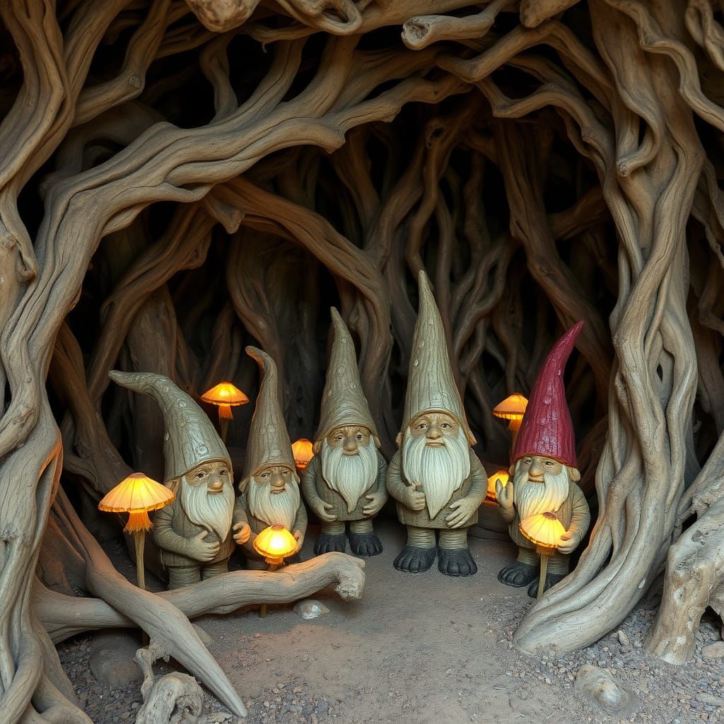 Gnome Council in Underground Cave, Whimsical Art Style