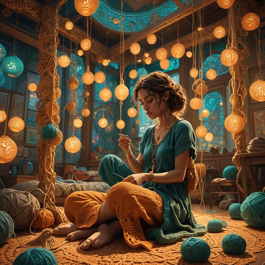Woman Crocheting Suspended Floor: Hyper-Realistic Concept Ar...
