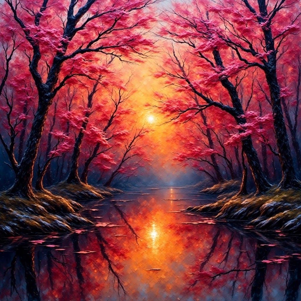 Sakura Forest Sunset in Grungy Oil Painting Style