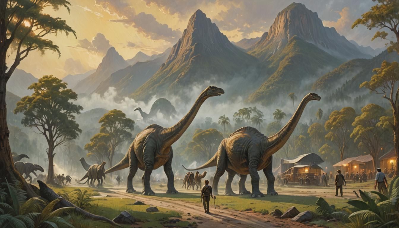 Brachiosauruses Carrying Medieval Houses, Fauvist Oil Painti...