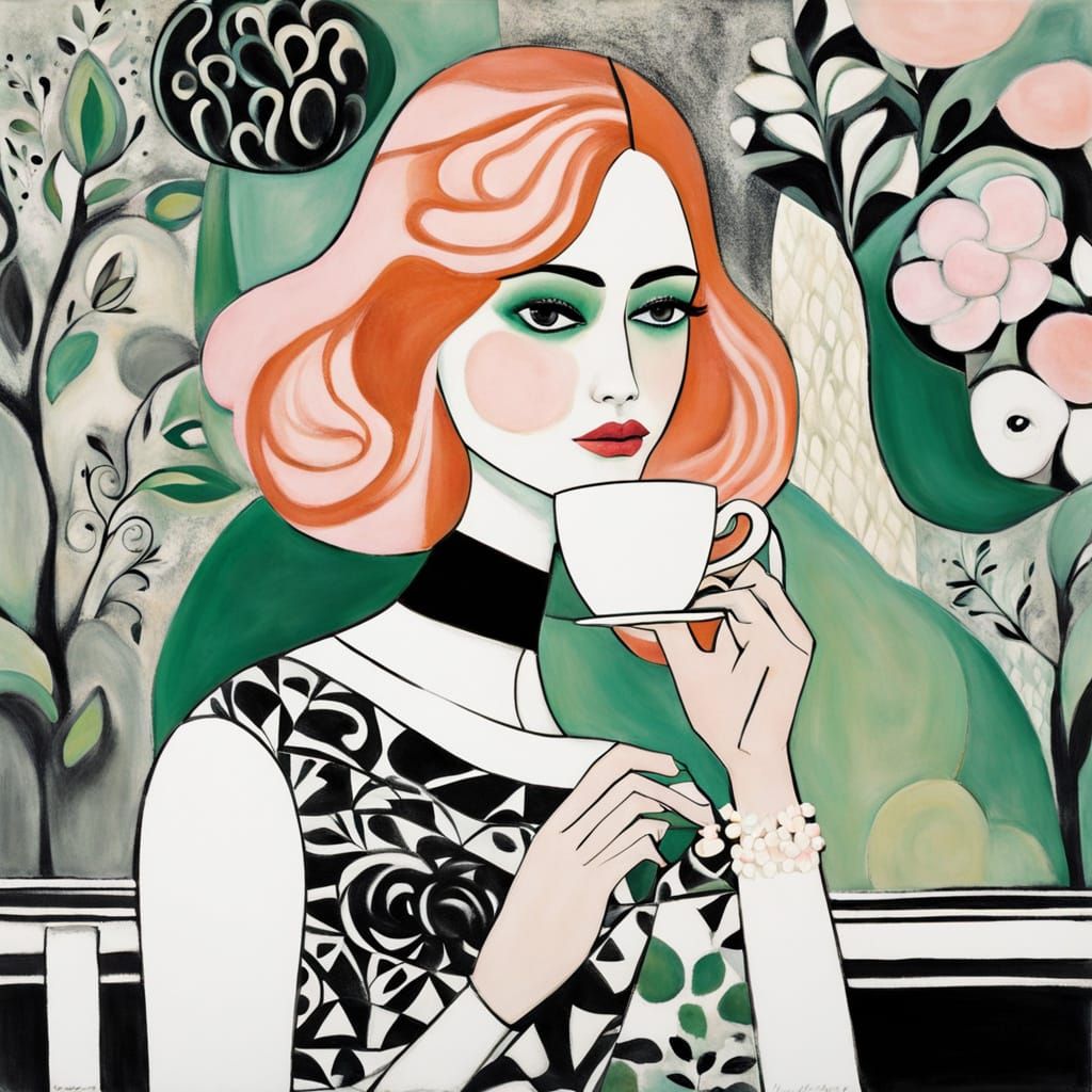 Woman Drinks Coffee in Abstract Floral Cafe