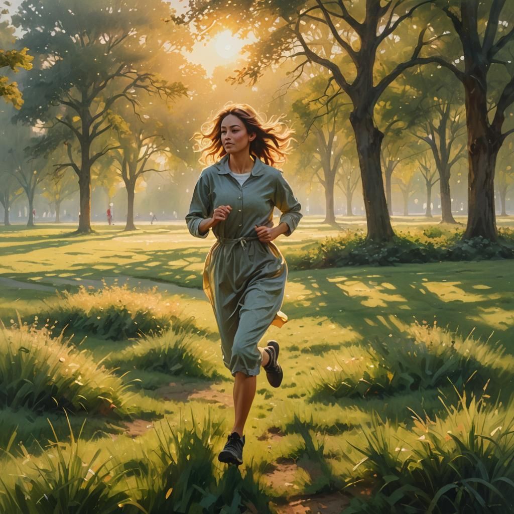 Girl Running in Park at Sunrise: Impressionistic Style