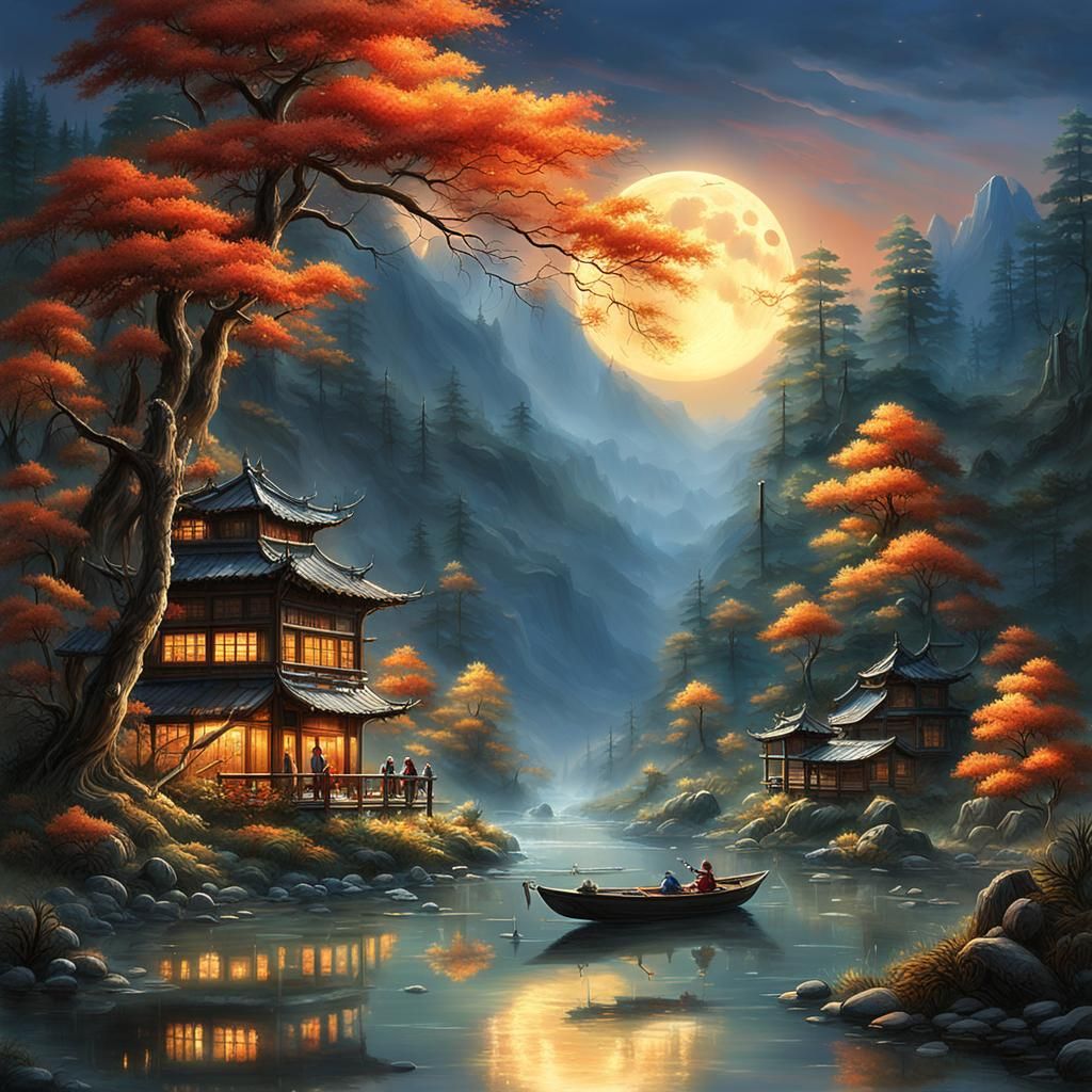 Autumn Mountain Scene with Moonbeams, Matte Painting
