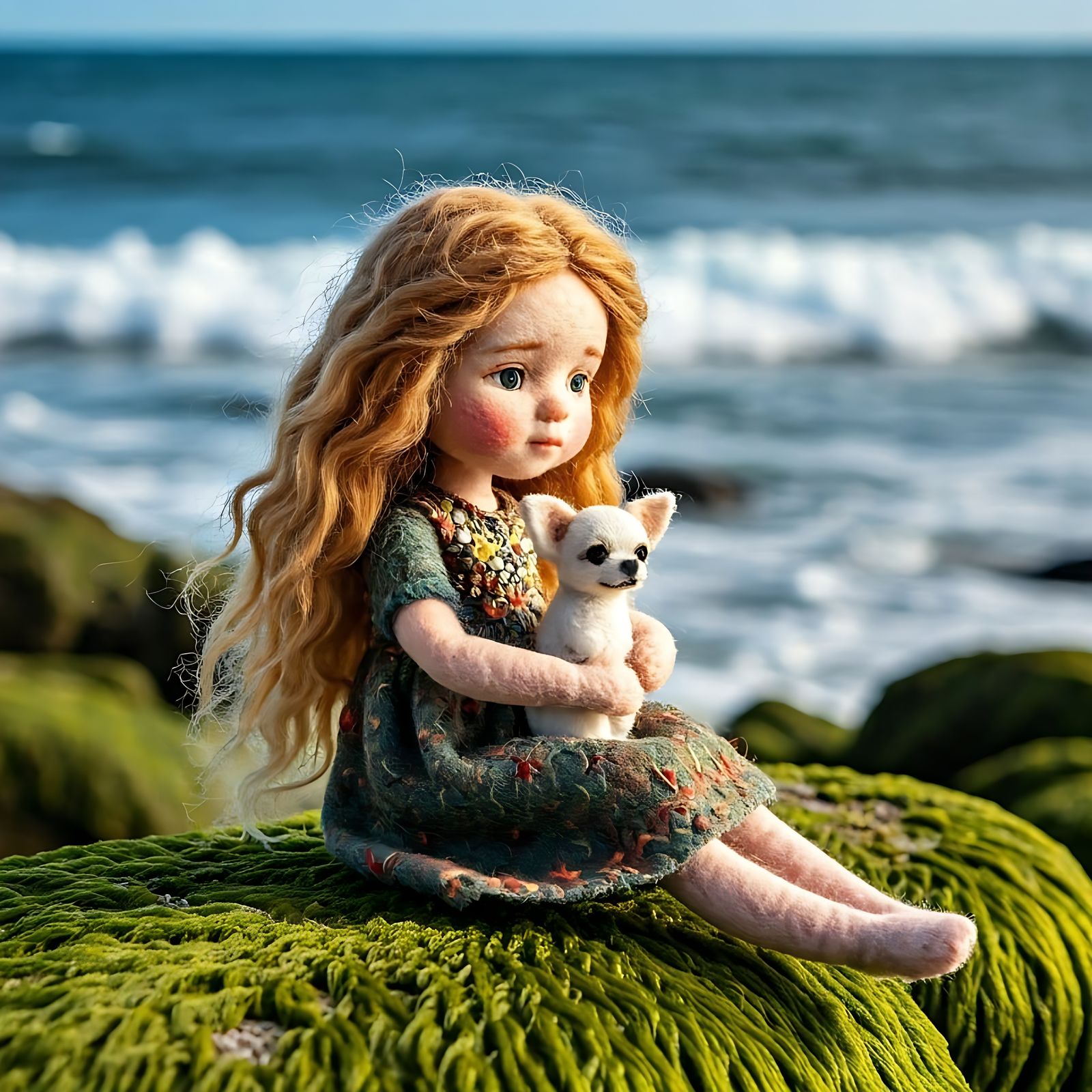 Thoughtful Blond Girl with Wensleydale Hair and Chihuahua, i...