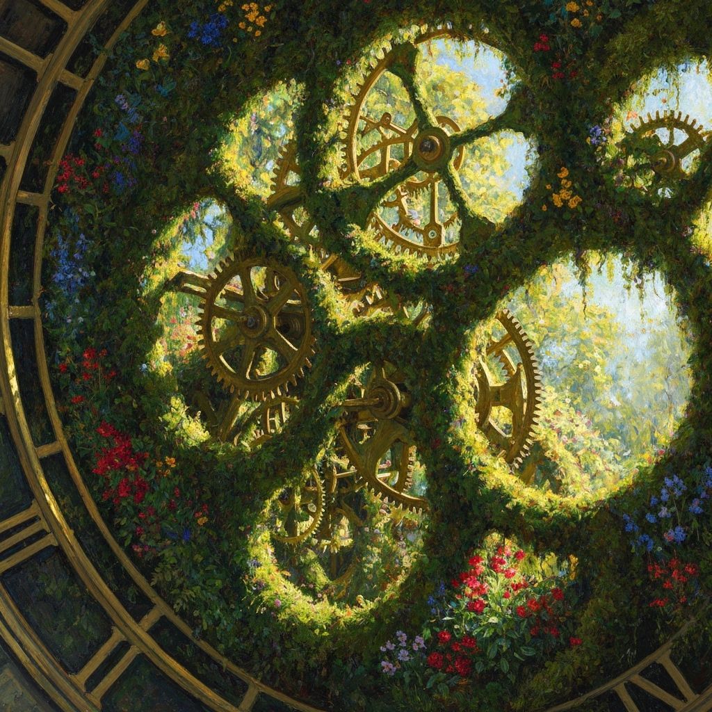 Clock Gears Embraced by Nature, Impressionistic Style