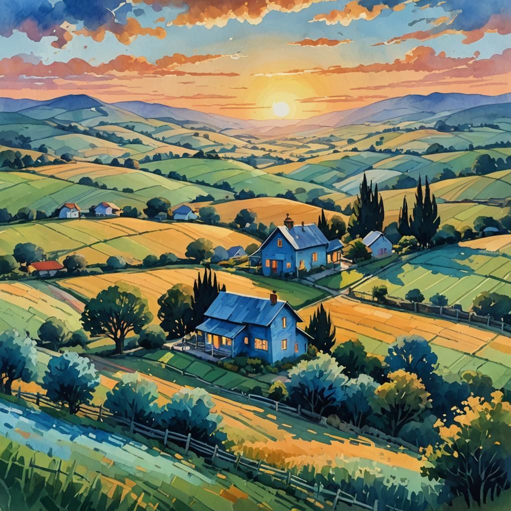 Sunset Over Farmhouse in Impressionist Gouache Style