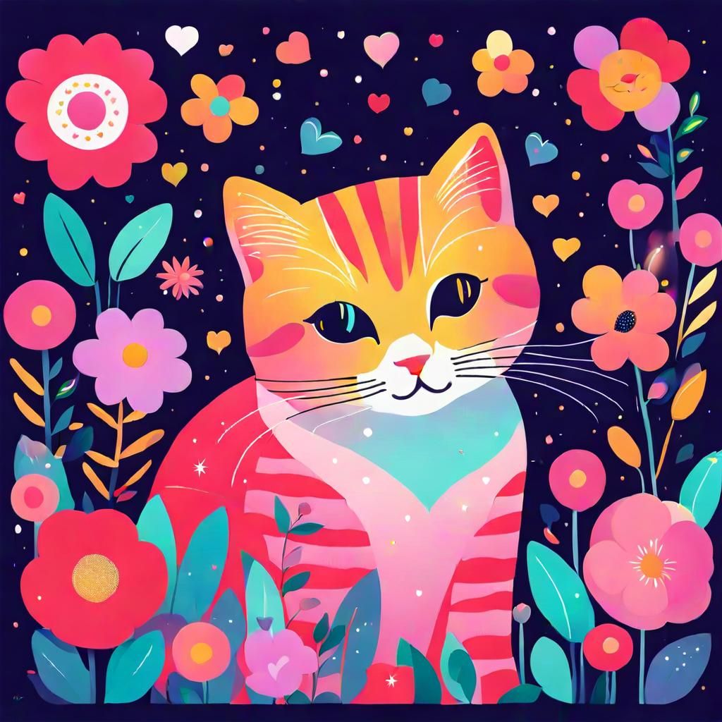 Cute Cat Surrounded by Flowers in Graphic Style