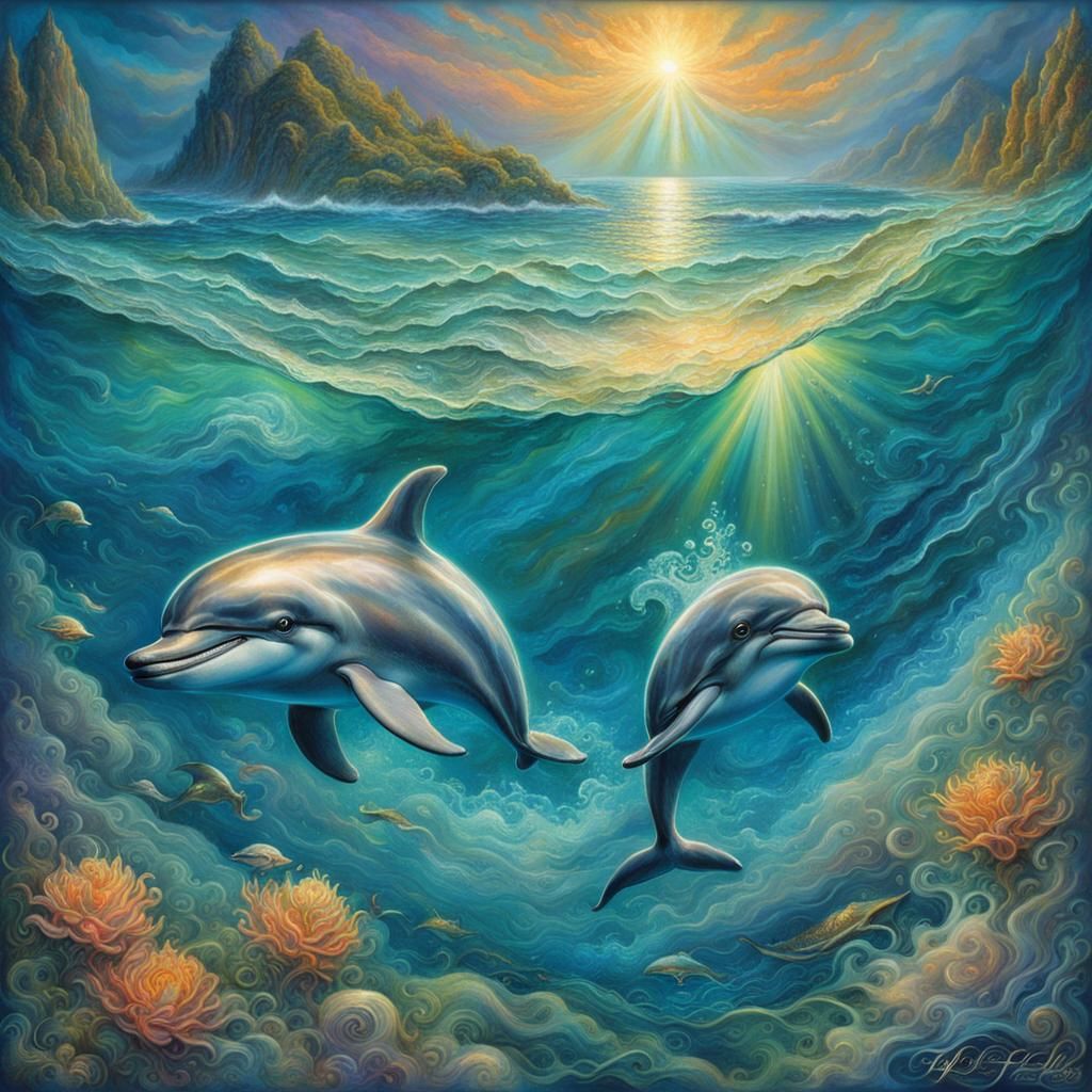 Cute dolphins playing in waves