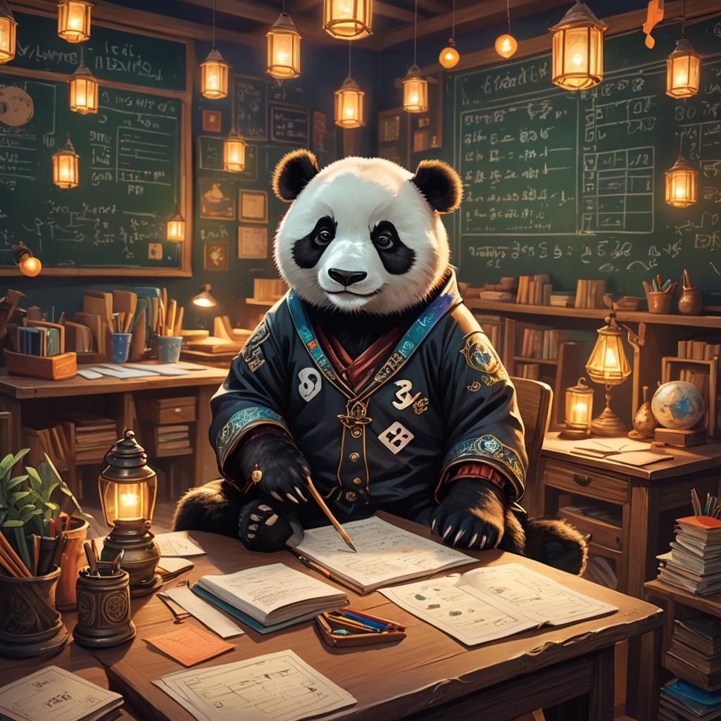Panda Scholar in Whimsical Classroom, Fantasy Art