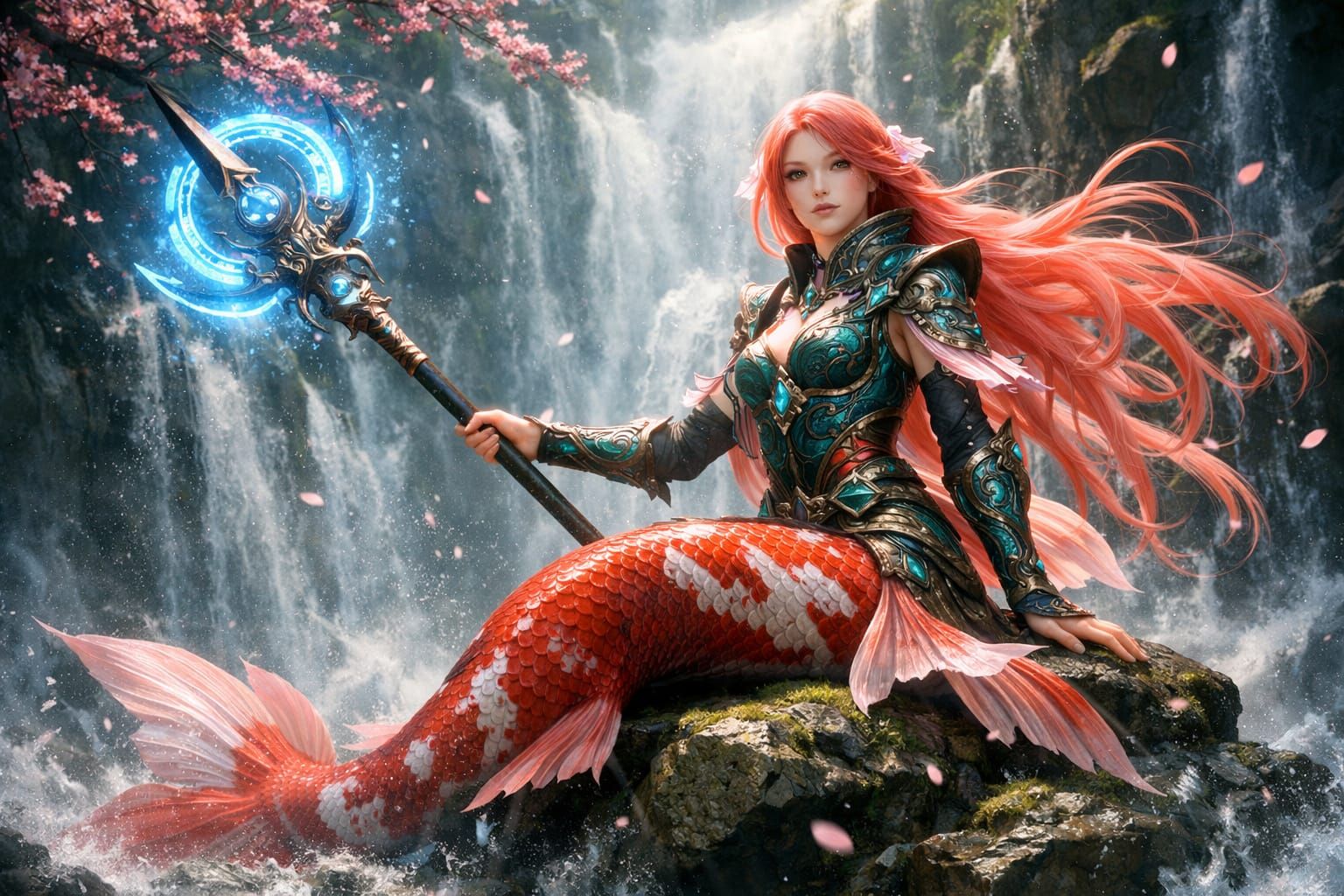 Elegant Koi-Mermaid Warrior by Waterfall in Misty Canyon