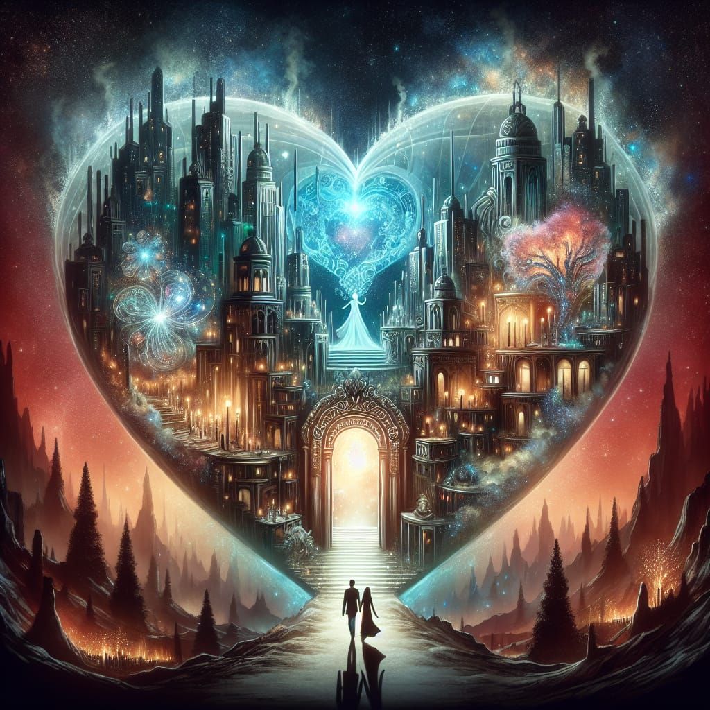 Glass Heart City with Bioluminescent Portal: Watercolor Illu...