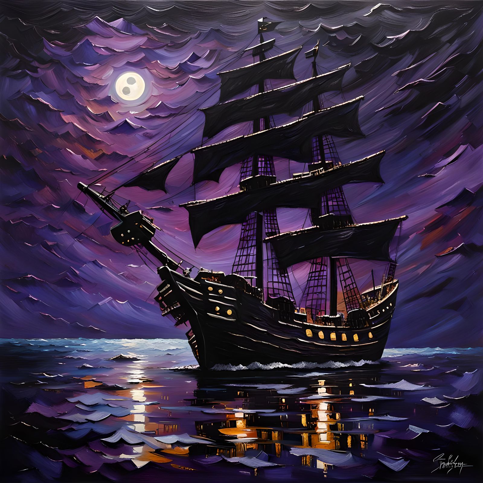 Pirate Ship at Night: Dark Impasto Painting