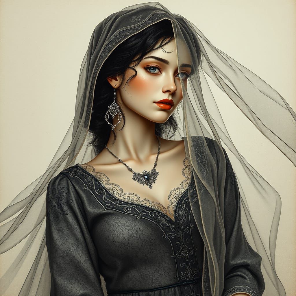Veiled Woman: Hyperdetailed Charcoal Portrait in Art Nouveau...