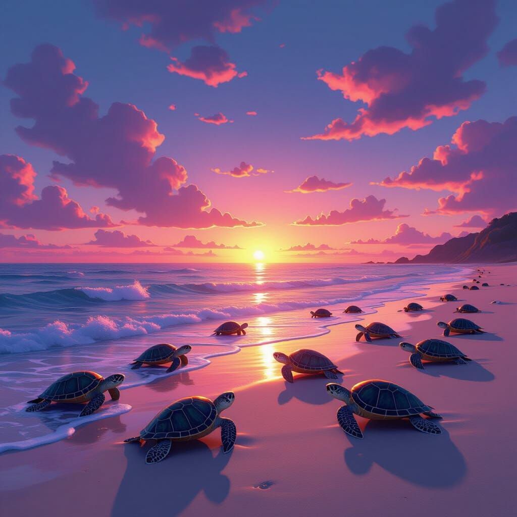 Vibrant Pink and Purple Sunset Over Beach with Sea Turtles