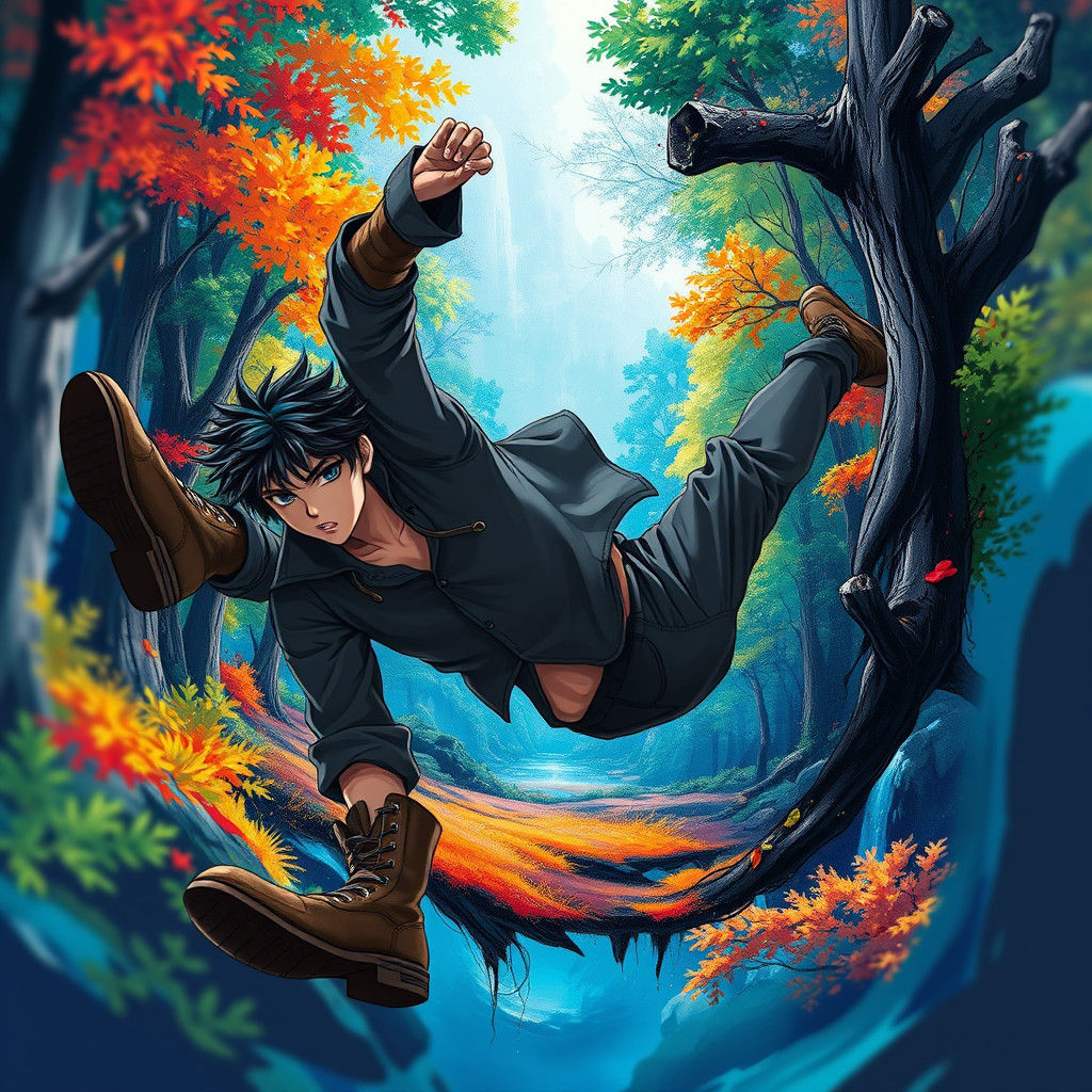 Man Falls from Surreal Painting in Anime Style