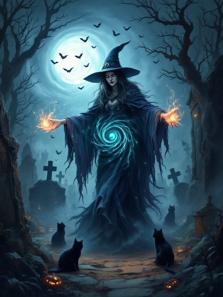 Halloween Witch Casting a Spell in Cemetery
