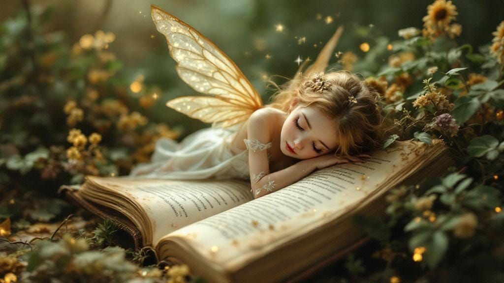 Dreamlike Fairy Resting on Open Book