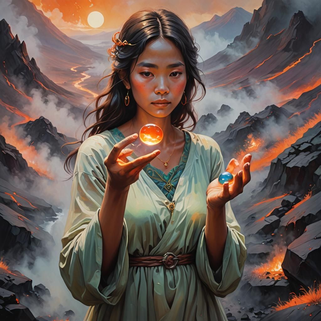 Woman with Glowing Pebble in Volcanic Landscape