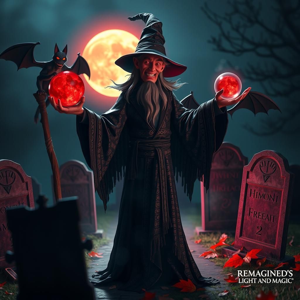 A sinister scene featuring an evil wizard standing in a dark...