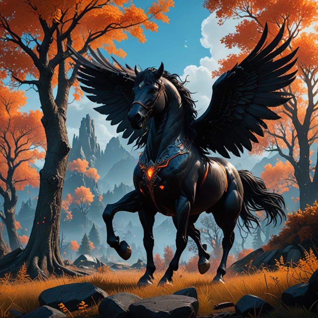 Majestic Black Horse with Wings of Flame in Hyper-Realistic ...