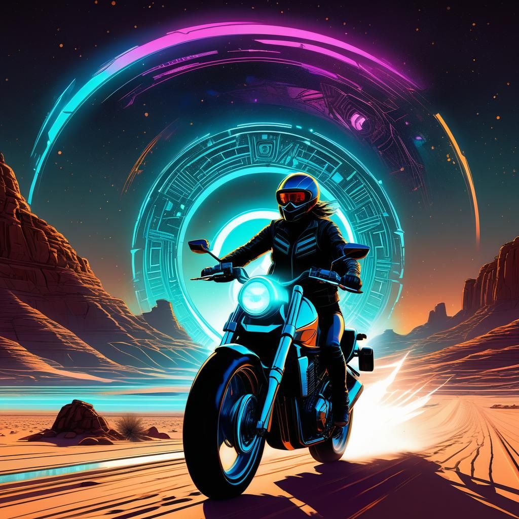 Neon Motorcycle Stargate Journey in Comic Book Style