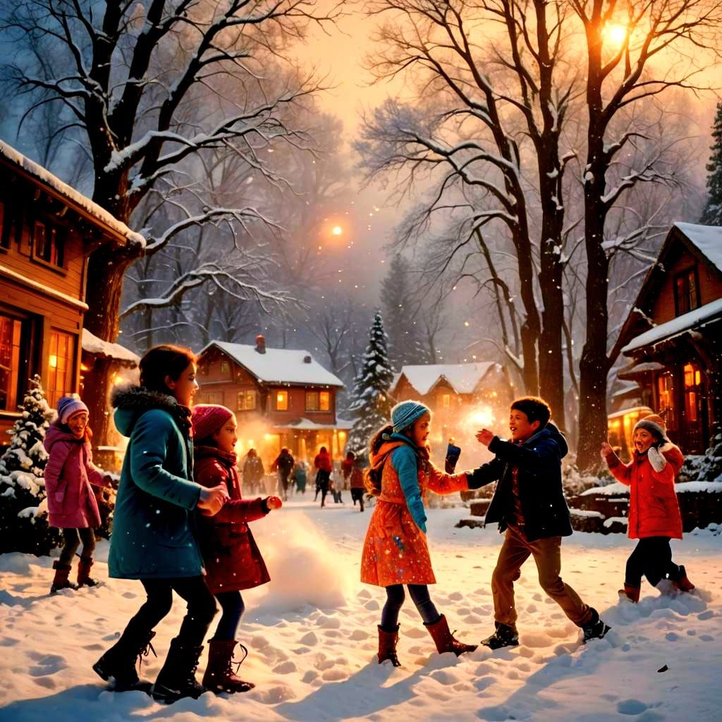 Children's Snowball Fight in Winter Wonderland