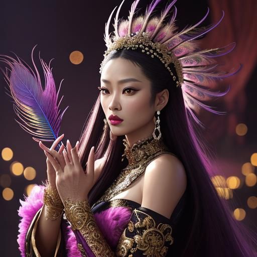 Beautiful Woman with Peacock Hair in Maximalist Style