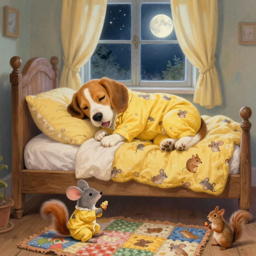 Beagle and Mouse Friends in Cozy Bedroom Illustration