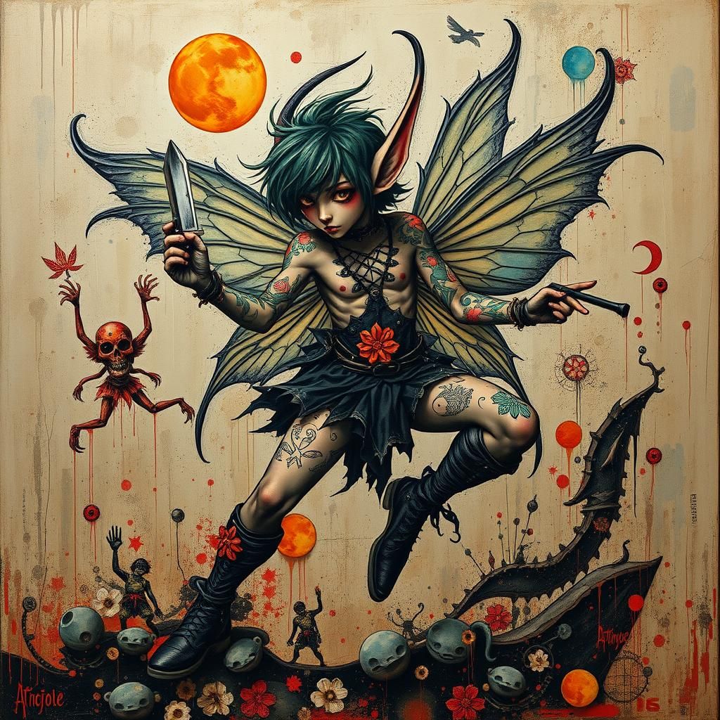 Punk Fairy Elf in Dystopian Art Nouveau Style